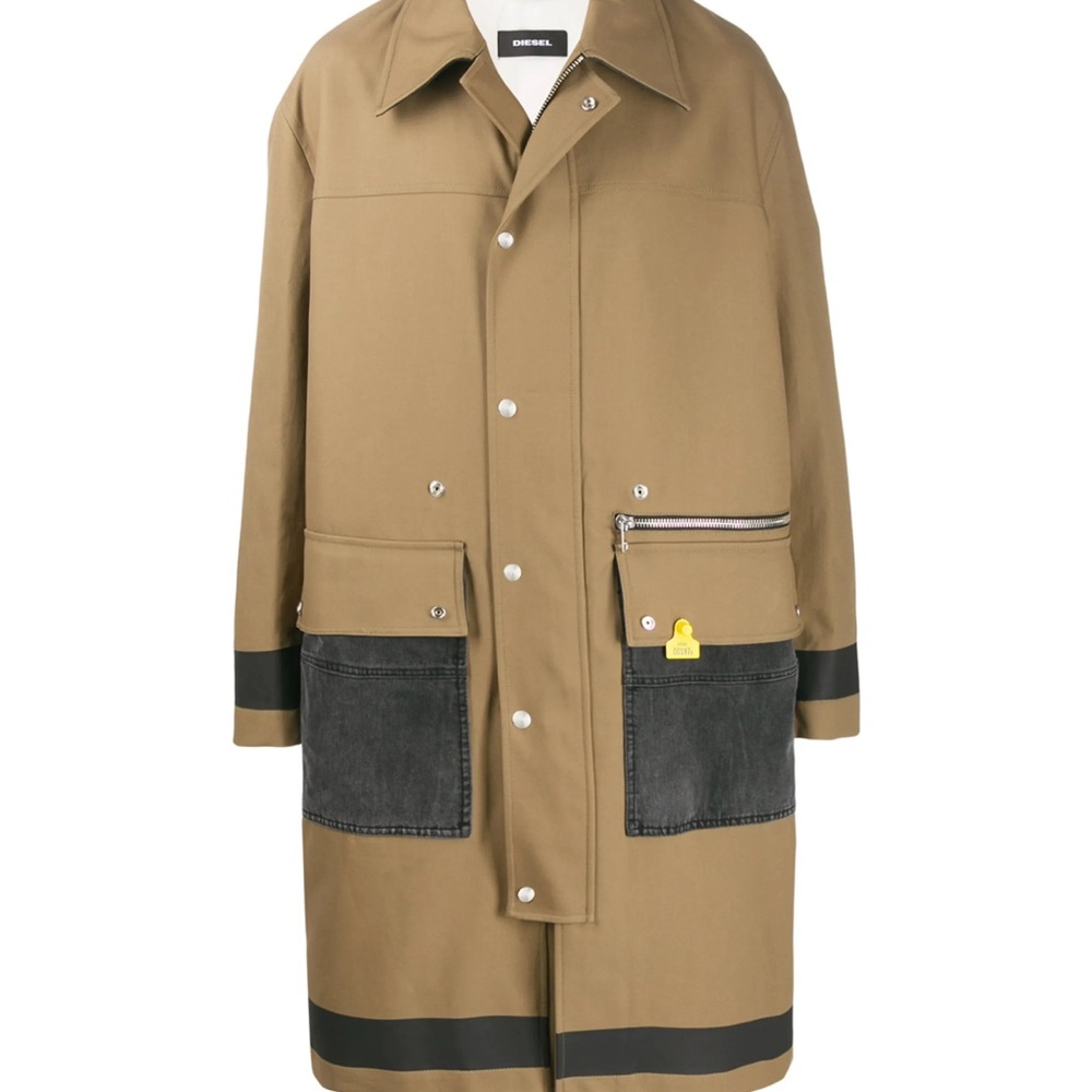 Diesel Tan and Black Trench Coat with Contrasting Collar